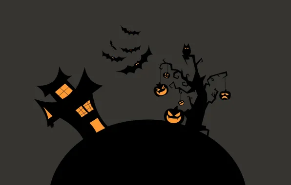 Ночь, дерево, Дом, тыквы, Halloween, летучие мыши, хелоуин