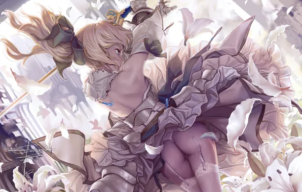 Девушка, цветы, меч, чулки, доспехи, платье, Fate/stay night, saber