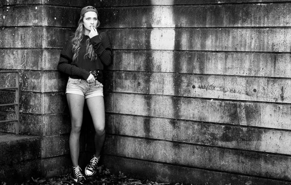 Girl, shorts, beautiful, cute, tights, sneakers, sweater