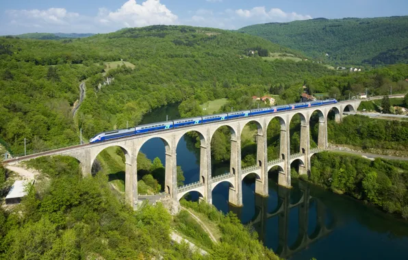 Картинка лес, река, Франция, поезд, Мост, Cize-Bolozon viaduct