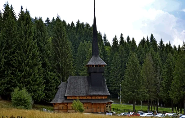 Лес, деревья, машины, поляна, храм, Румыния, Poiana Brasov, Monastery