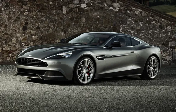 Картинка серый, фон, стена, Aston Martin, суперкар, передок, Астон Мартин, Ванкуиш