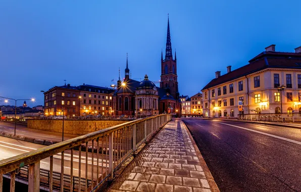 Картинка свет, город, дороги, вечер, фонари, Стокгольм, Швеция, Old Town