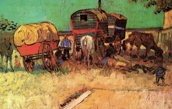 Картинка мальчик, лошади, повозки, Vincent van Gogh, with Caravans, Encampment of Gypsies