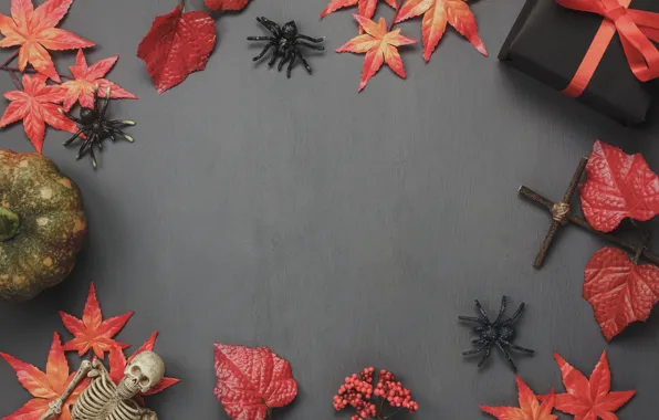 Осень, листья, фон, подарки, Halloween, autumn, leaves, хеллоуин