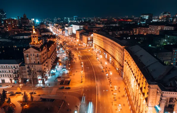 Дорога, свет, машины, ночь, город, огни, движение, улица