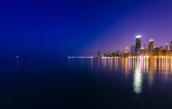 Картинка city, lights, USA, Chicago, landscape, night, Lake Michigan, Michael Zheng