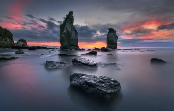 Закат, Вода, Облака, Море, Скалы, Багрянец, Валуны