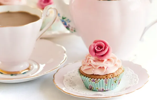Картинка цветок, розовый, кофе, еда, посуда, пирожное, крем, десерт
