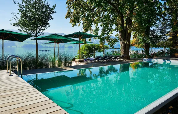 Горы, бассейн, Австрия, отель, терраса, на берегу озера, Seerose Resort, Hallwilersee
