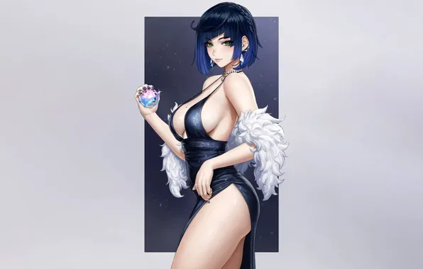 Girl, sexy, cleavage, green eyes, dress, boobs, anime, beautiful