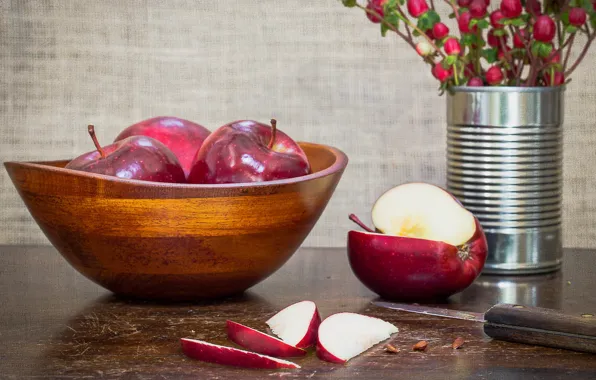 Berries, knife, apples