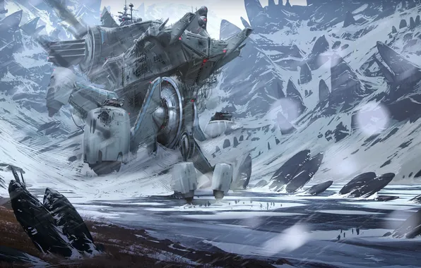 Картинка снег, горы, люди, корабль, арт, Defiance