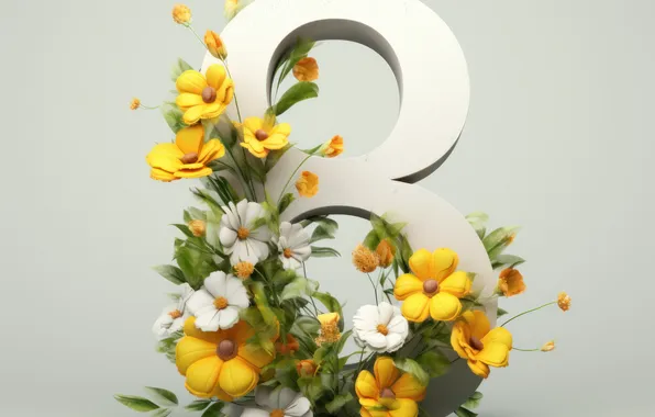 Цветы, праздник, весна, цифра, 8 марта, поздравление, открытка, восемь