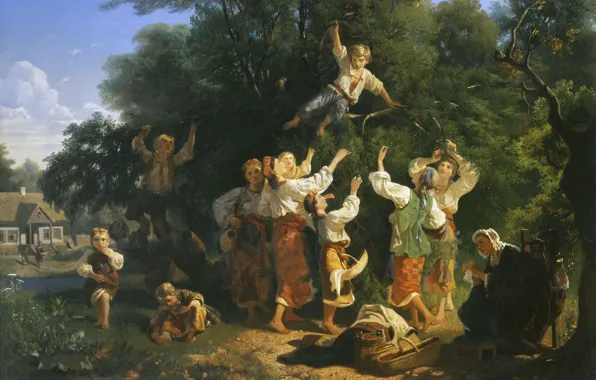 Картинка дети, дом, девушки, масло, бабушка, Холст, 1858, Иван СОКОЛОВ