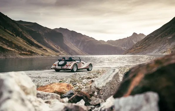 Картинка car, water, mountains, lake, Morgan, Plus Four, Morgan Plus Four