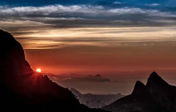 Картинка небо, солнце, облака, город, панорама, Рио-де-Жанейро, Rio de Janeiro