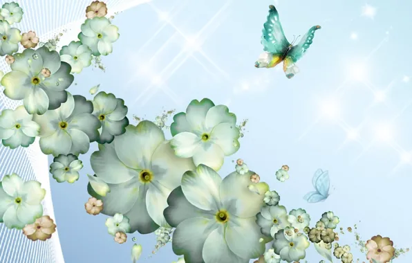 Бабочки, цветы, рендеринг, фон, фантазия, коллаж, рисунок, весна