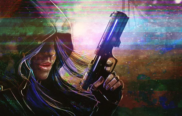 Девушка, пистолет, фантастика, волосы, капюшон, будущие, Sci-Fi
