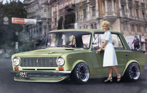 Обои девушка, дом, тюнинг, tuning, gtr, лада, 2101, ВАЗ на телефон и ...