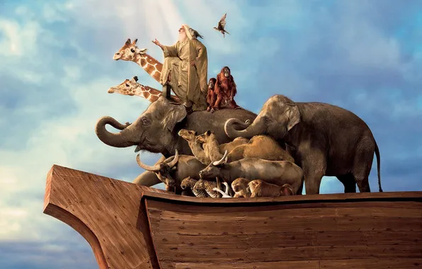 Картинка животные, небо, птицы, человек, корабль, жирафы, обезьяны, слоны