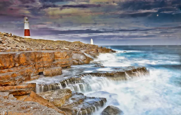 Картинка море, волны, берег, Великобритания, Portland Bill Lighthouse, Маяк Портланд-Билл, остров Портленд