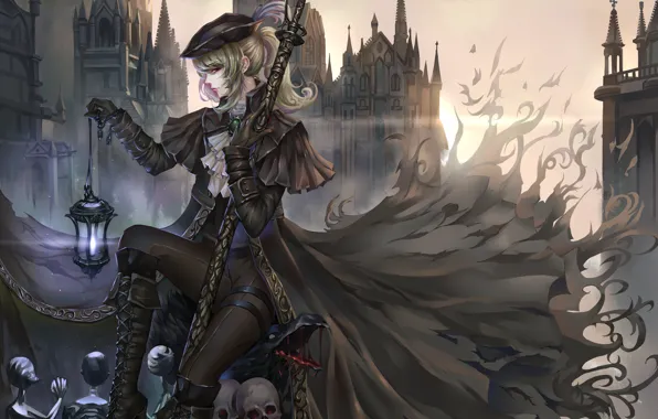 Skull, girl, fantasy, cathedral, hat, crow, anime, art