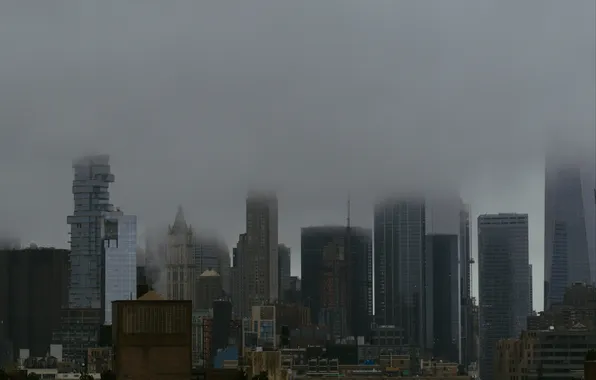 Небо, город, туман, здания, дома, Нью-Йорк, США, архитектура