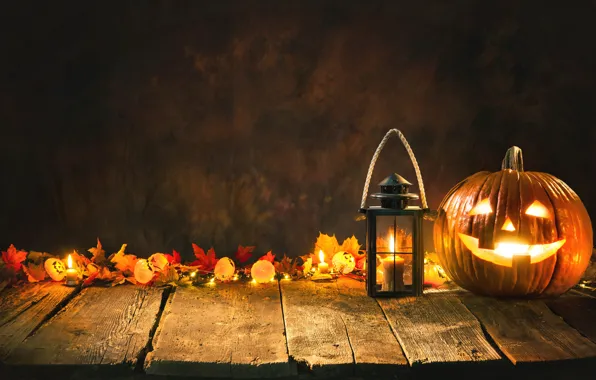 Осень, листья, улыбка, свечи, Halloween, тыква, Хэллоуин, Autumn