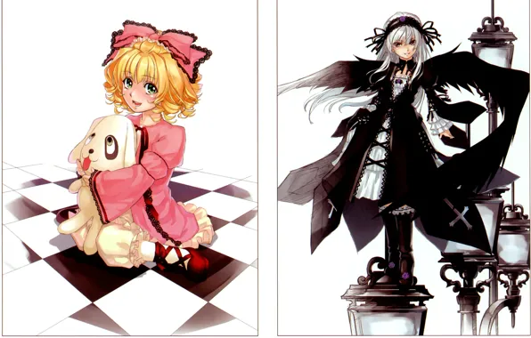 Игрушка, крылья, фонари, белый фон, бант, rozen maiden, suigintou, hinaichigo