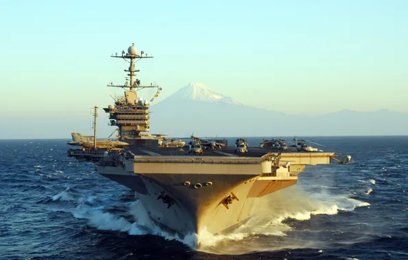 Картинка море, волны, гора, авианосец, George Washington, USS, типа «Нимиц», (CVN-73)