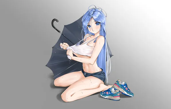 Girl, sexy, cleavage, shorts, long hair, boobs, umbrella, anime