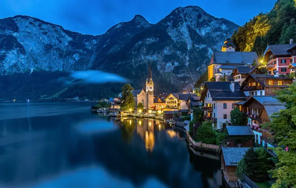 Картинка горы, огни, озеро, вечер, Австрия, Альпы, Зальцкаммергут, Гальштат