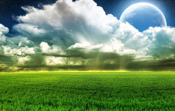 Картинка поле, небо, трава, облака, природа, фото, луна, пейзажи
