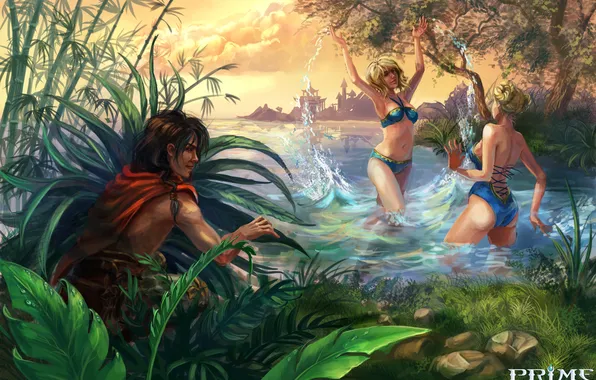 Вода, деревья, природа, девушки, игра, купальники, парень, подглядывает