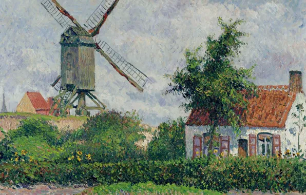 Картинка пейзаж, дом, картина, Камиль Писсарро, Ветряная Мельница в Кнокке