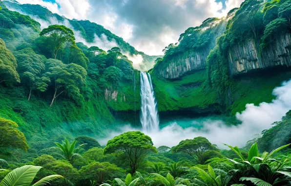 Landscape, jungle, mountains, waterfalls