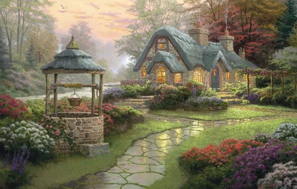 Картинка лес, цветы, дорожка, Пейзаж, живопись, коттедж, Thomas Kinkade, Make A Wish Cottage