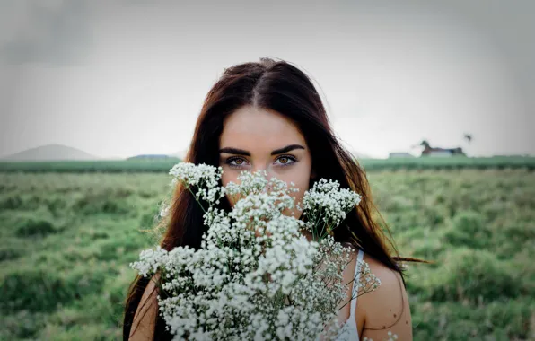 Картинка field, eyes, flowers, face, look, beautiful girl