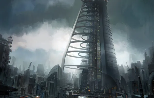 Мост, город, башня, зданя, future glasgow