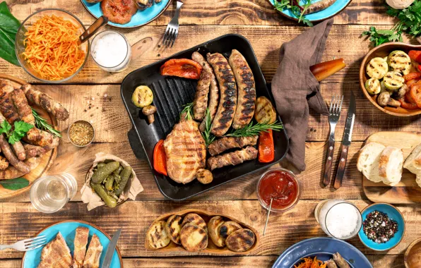 Картинка мясо, барбекю, овощи, wood, meat, гриль, grilled