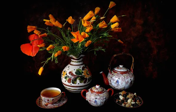 Цветы, чай, маки, чайник, чашка, орехи, натюрморт