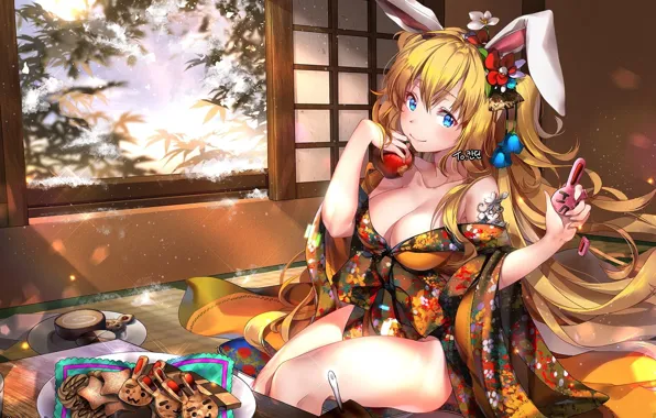 Apple, girl, big, anime, beautiful, pretty, bunny, kimono