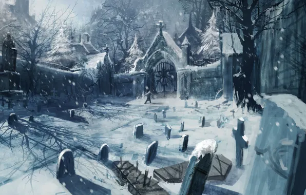 Картинка зима, снег, кладбище, Арт