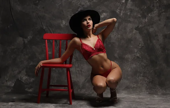 Red, lingerie, studio, model, chair, women, brunette, red lingerie