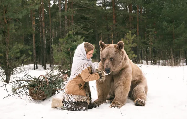 Картинка зима, лес, девушка, медведь