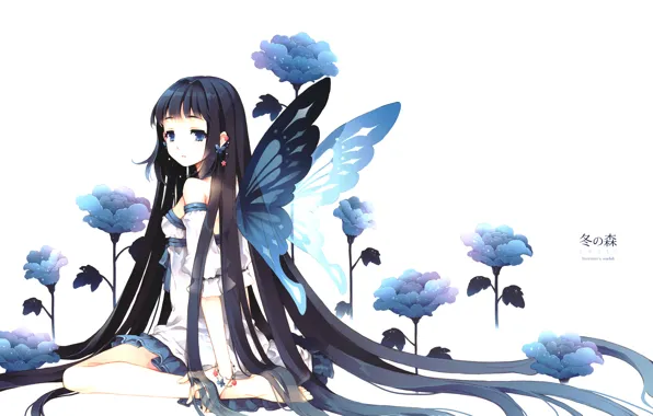 Картинка цветок, девушка, синий, бабочка, брюнетка, Girl, flower, длинные волосы