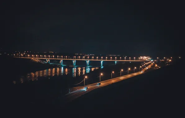 Ночь, мост, город, река, фонари, Россия, Russia, Ока