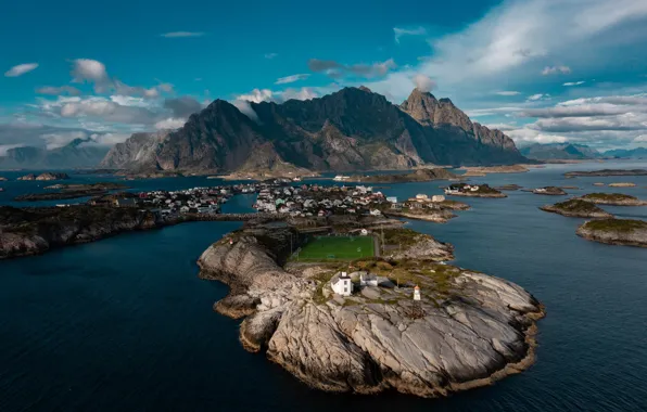 City, Clouds, Sky, Islands, Water, Mountain, Ocean, Houses