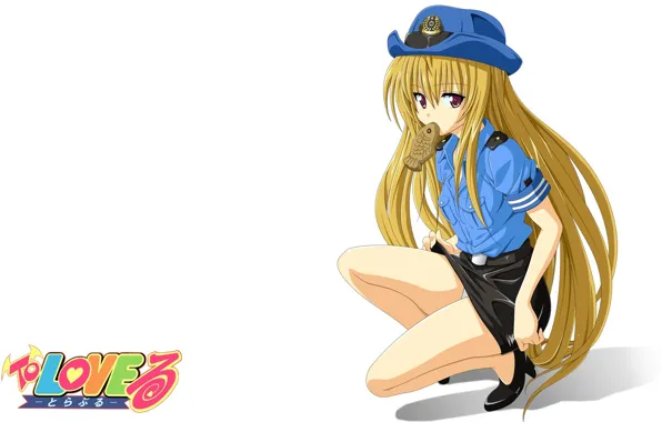 Girl, logo, pantsu, blouse, long hair, hat, police, food